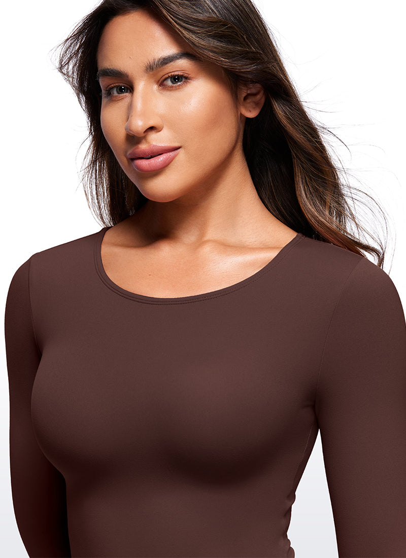 CRZ YOGA Women's Yoga Tight Fit Crew Neck Long Sleeves Bodysuits Taupe @model_info:Joy