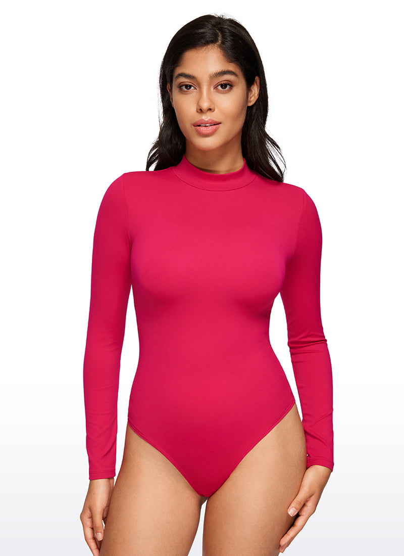 CRZ YOGA Women's Yoga Tight Fit Mock Turtleneck Long Sleeves Bodysuits Viva Magenta @model_info:Vic