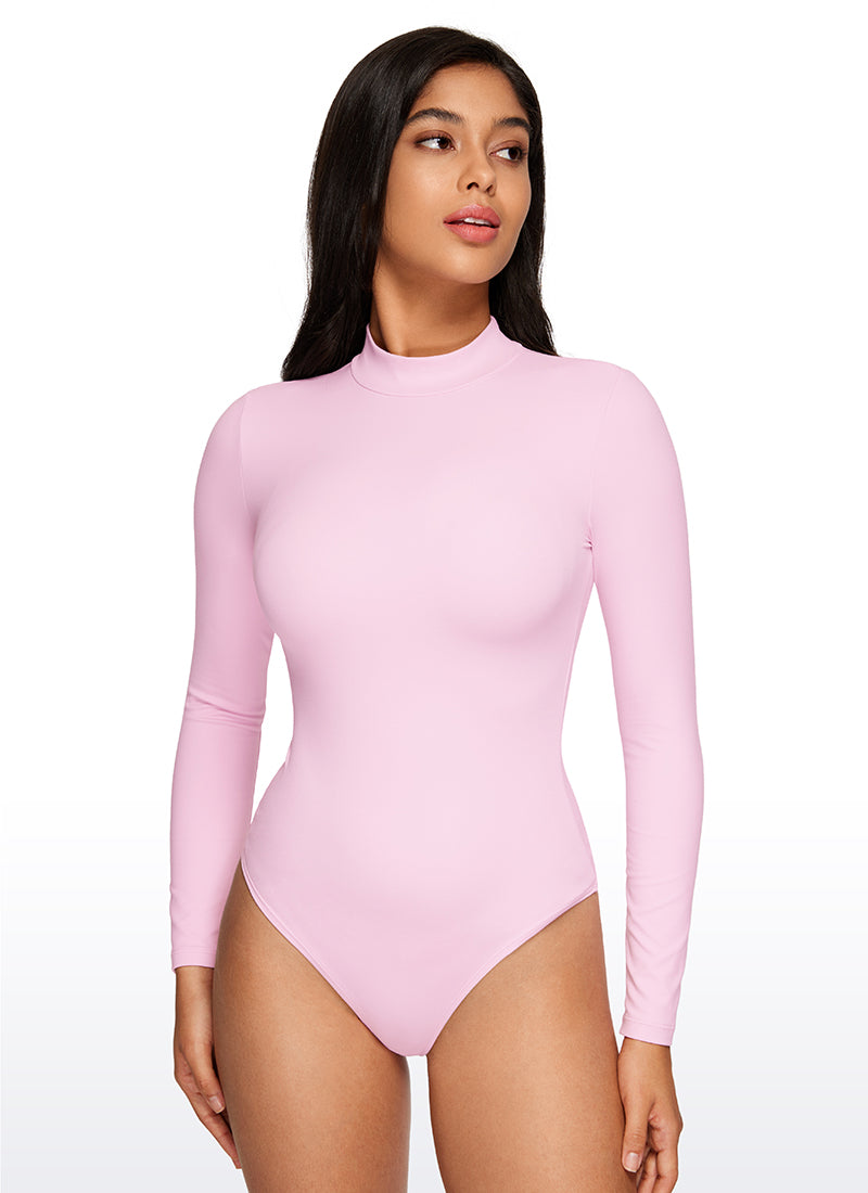 CRZ YOGA Women's Yoga Tight Fit Mock Turtleneck Long Sleeves Bodysuits Pink Peony @model_info:Vic