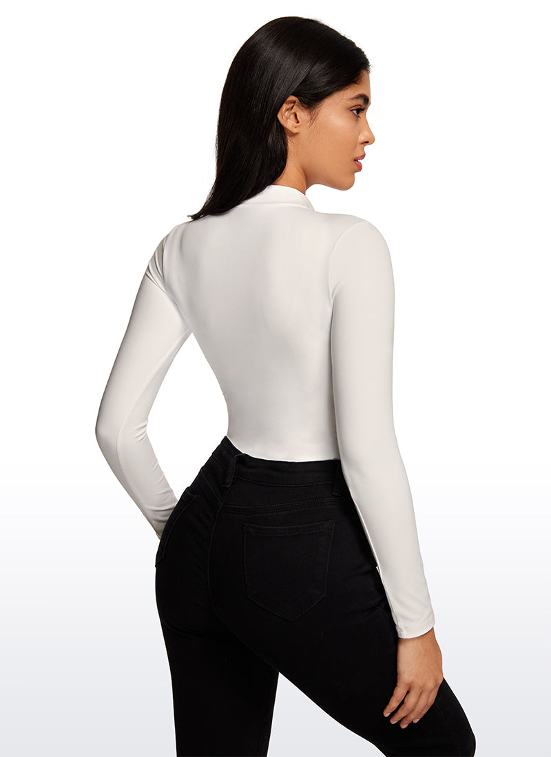 CRZ YOGA Women's Yoga Tight Fit Mock Turtleneck Long Sleeves Bodysuits White Apricot @model_info:Vic