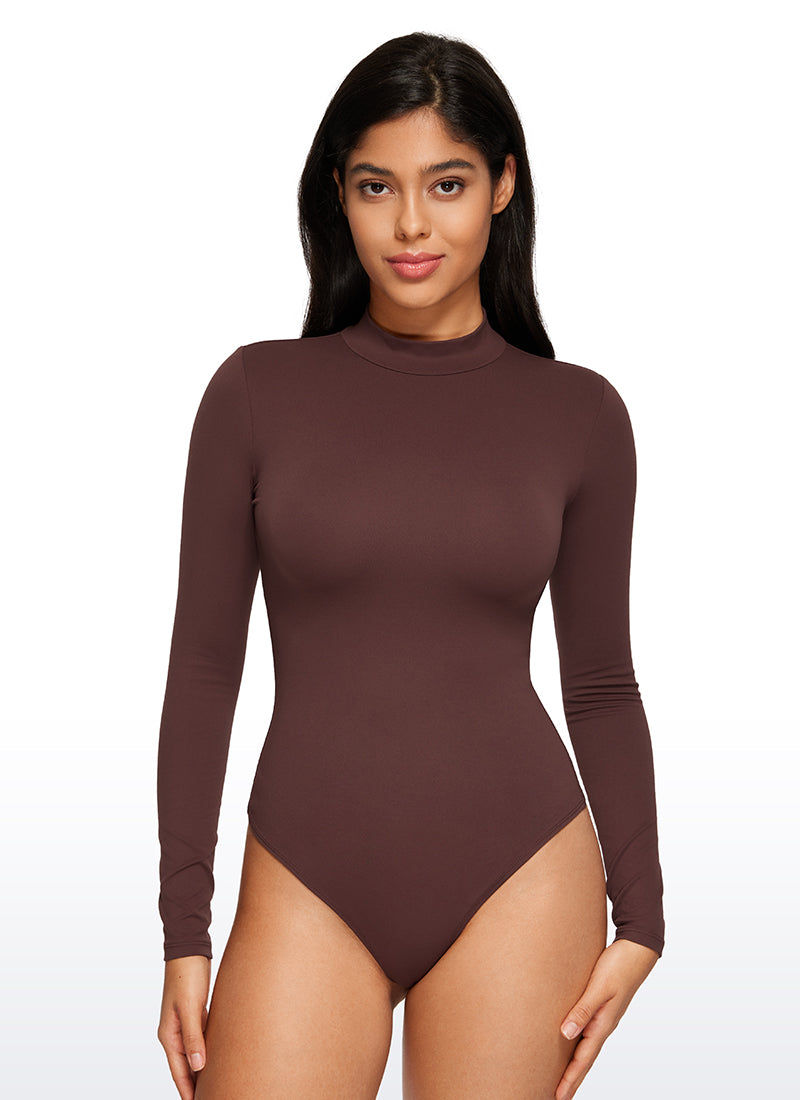 CRZ YOGA Women's Yoga Tight Fit Mock Turtleneck Long Sleeves Bodysuits Taupe @model_info:Vic
