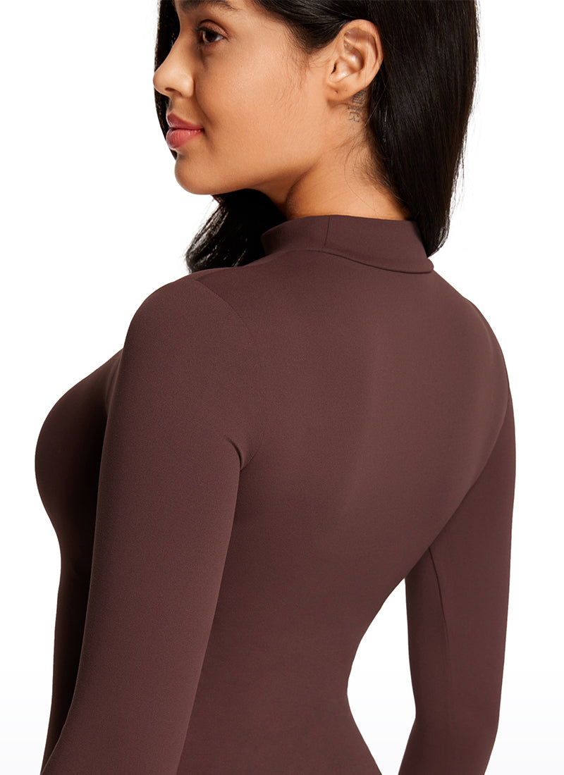 CRZ YOGA Women's Yoga Tight Fit Mock Turtleneck Long Sleeves Bodysuits Taupe @model_info:Vic