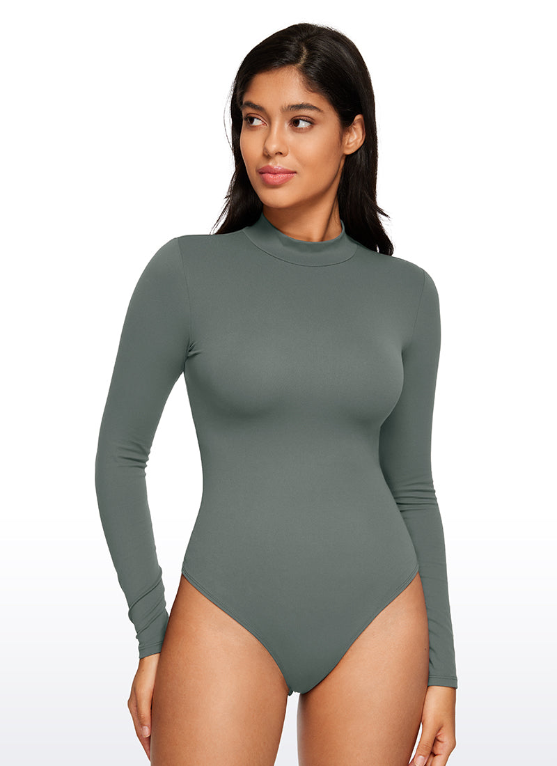 CRZ YOGA Women's Yoga Tight Fit Mock Turtleneck Long Sleeves Bodysuits Grey Sage @model_info:Vic