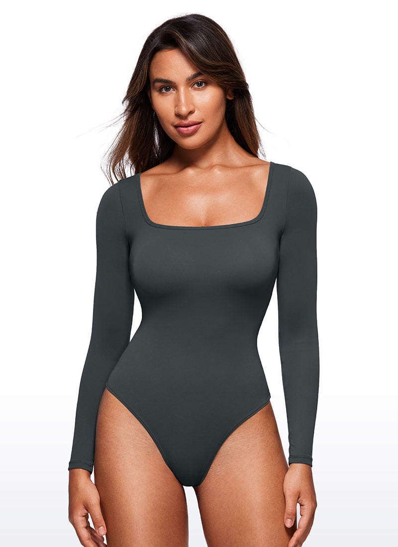 CRZ YOGA Women's Yoga Tight Fit Square Neck Long Sleeves Bodysuits Melanite @model_info:Joy