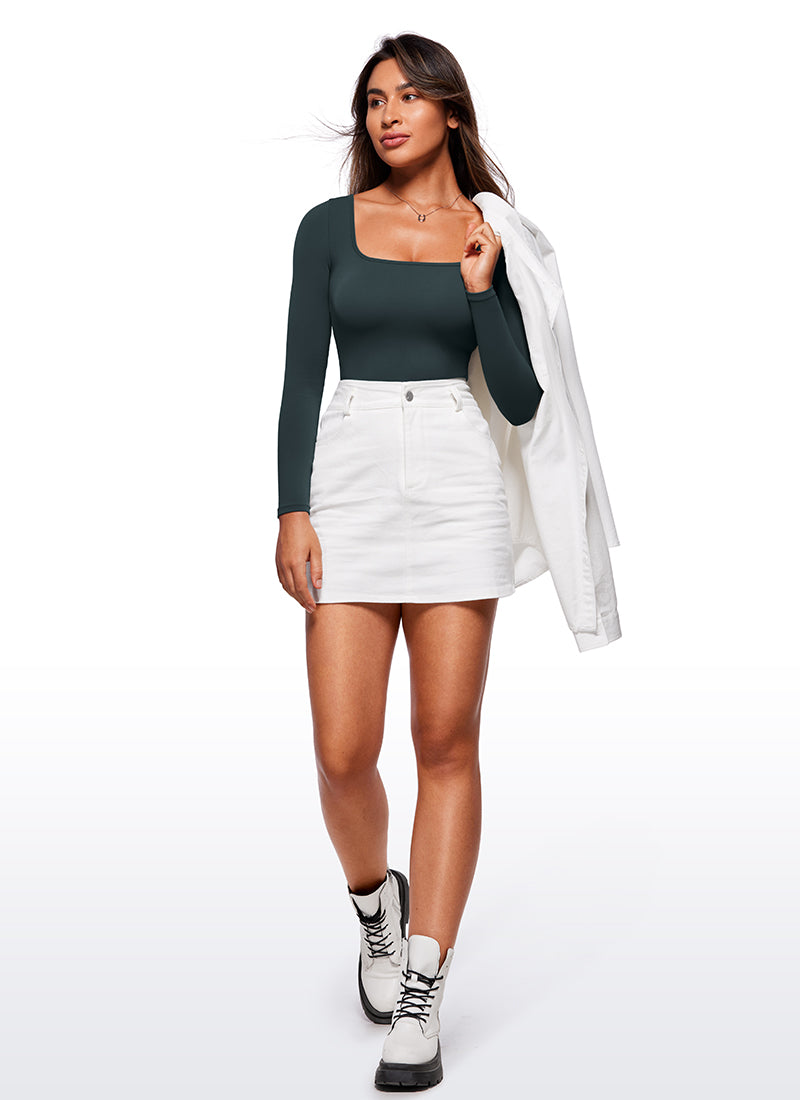 CRZ YOGA Women's Yoga Tight Fit Square Neck Long Sleeves Bodysuits Forest Dark Green @model_info:Joy