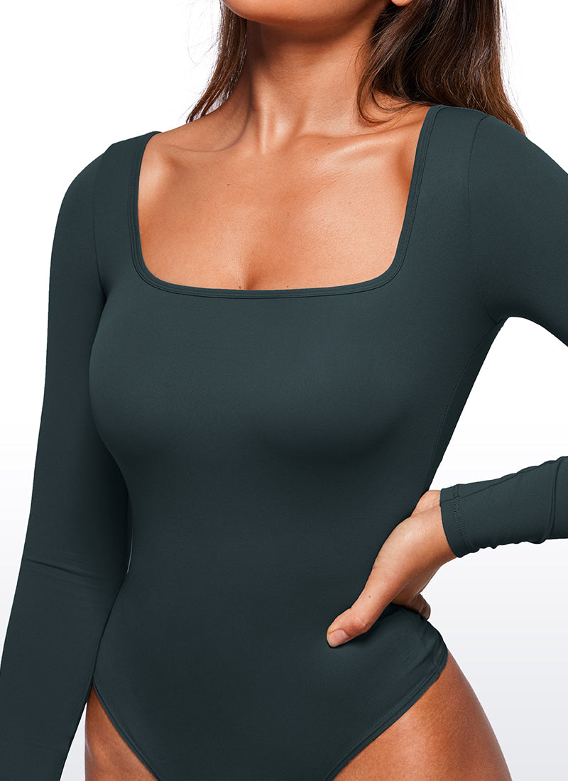 CRZ YOGA Women's Yoga Tight Fit Square Neck Long Sleeves Bodysuits Forest Dark Green @model_info:Joy