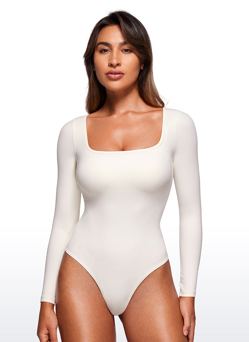 CRZ YOGA Women's Yoga Tight Fit Square Neck Long Sleeves Bodysuits White Apricot @model_info:Joy