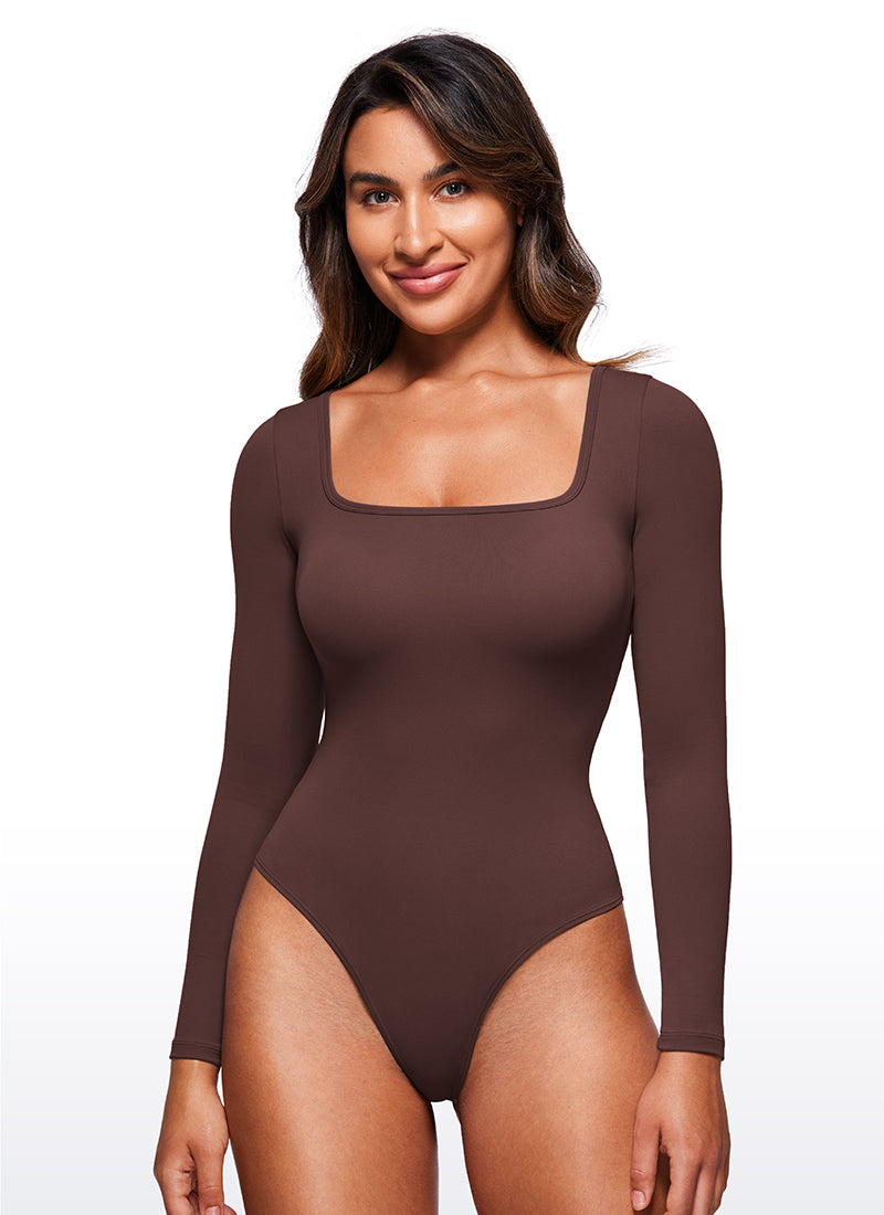 CRZ YOGA Women's Yoga Tight Fit Square Neck Long Sleeves Bodysuits Taupe @model_info:Joy
