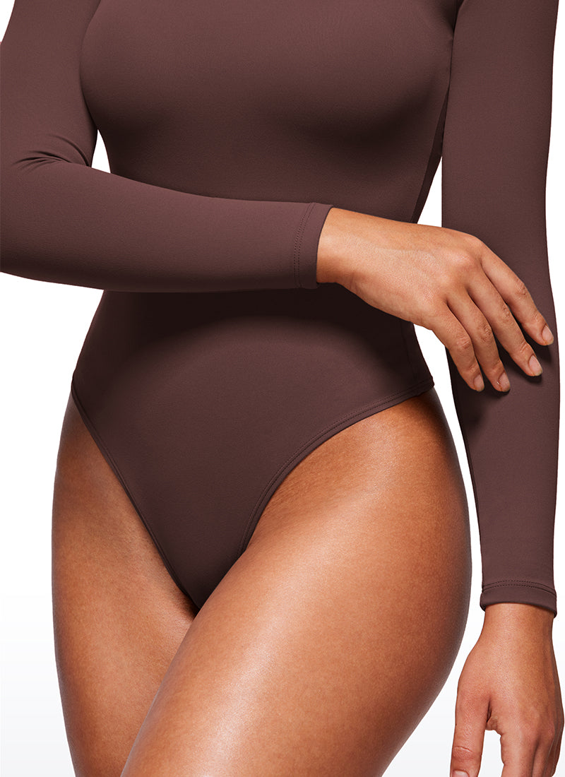 CRZ YOGA Women's Yoga Tight Fit Square Neck Long Sleeves Bodysuits Taupe @model_info:Joy