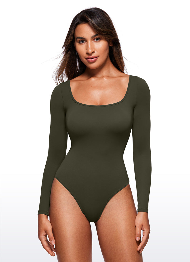 CRZ YOGA Women's Yoga Tight Fit Square Neck Long Sleeves Bodysuits Olive Green @model_info:Joyce