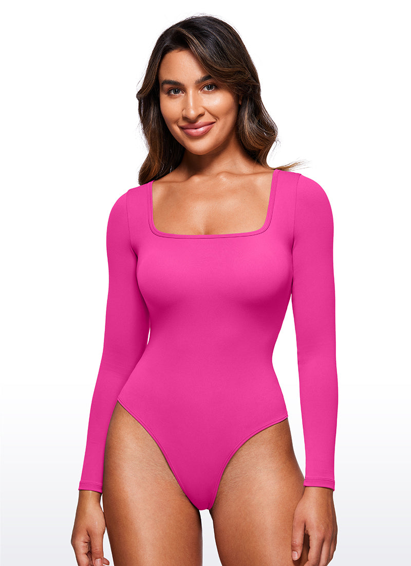 CRZ YOGA Women's Yoga Tight Fit Square Neck Long Sleeves Bodysuits Hibiscus Purple @model_info:Joy