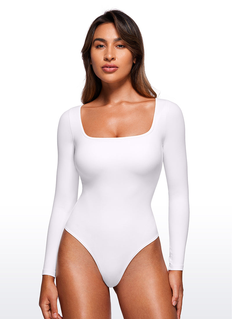 CRZ YOGA Women's Yoga Tight Fit Square Neck Long Sleeves Bodysuits White @model_info:Joy