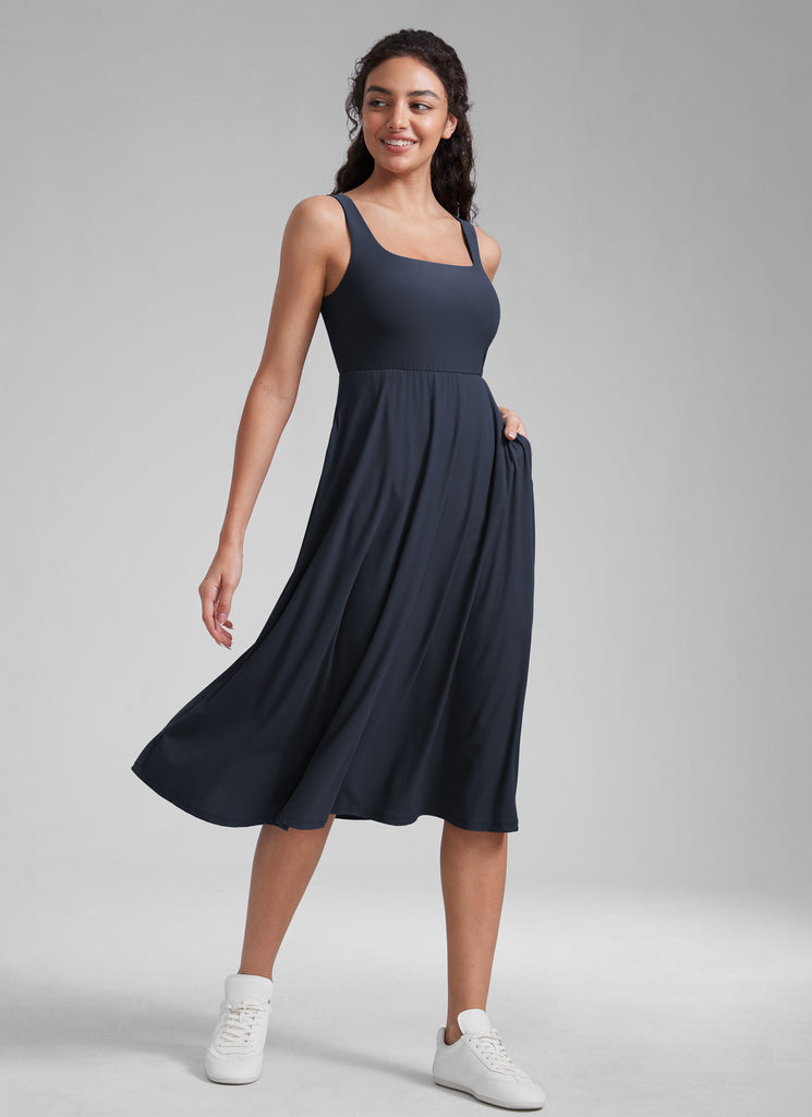 CRZ YOGA Womens Clouldweight Square Neck Pocket Sleeveless Midi Dress True Navy