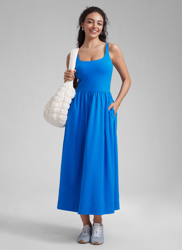 CRZ YOGA Women's Square Neck Pocket Sleeveless Maxi Padded Dress Sparkle Blue