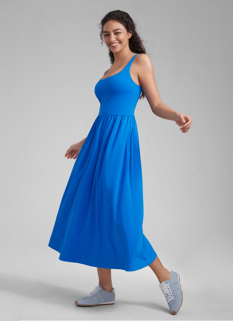 CRZ YOGA Women's Square Neck Pocket Sleeveless Maxi Padded Dress Sparkle Blue