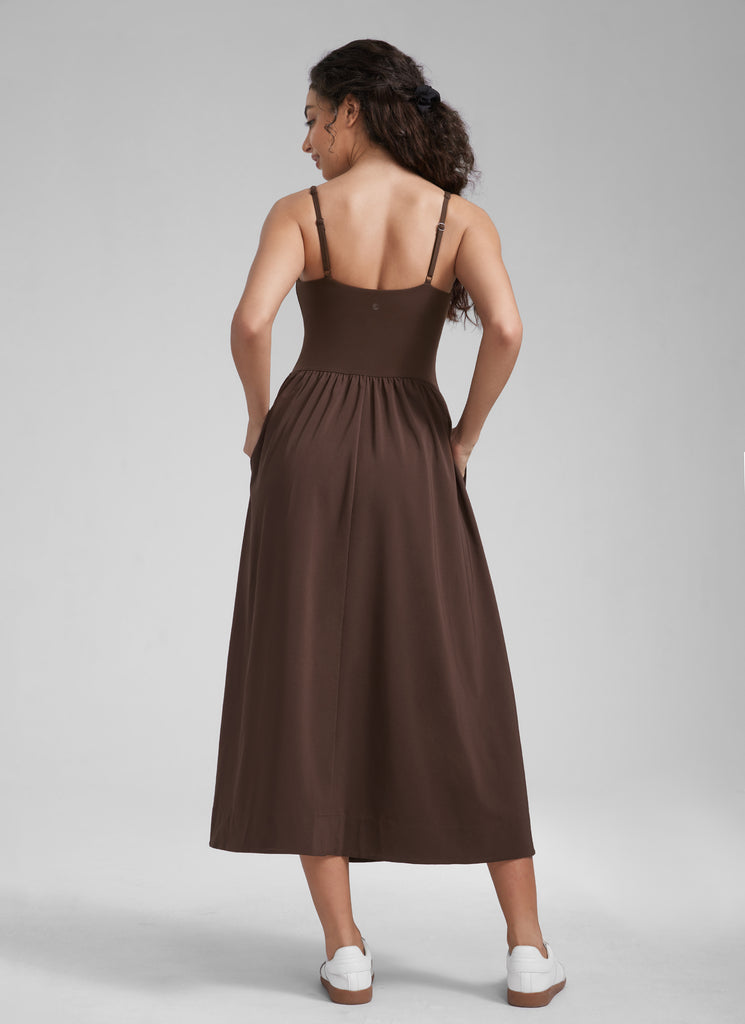 CRZ YOGA Women's Square Neck Pocket Sleeveless Maxi Padded Dress Hot Fudge Brown