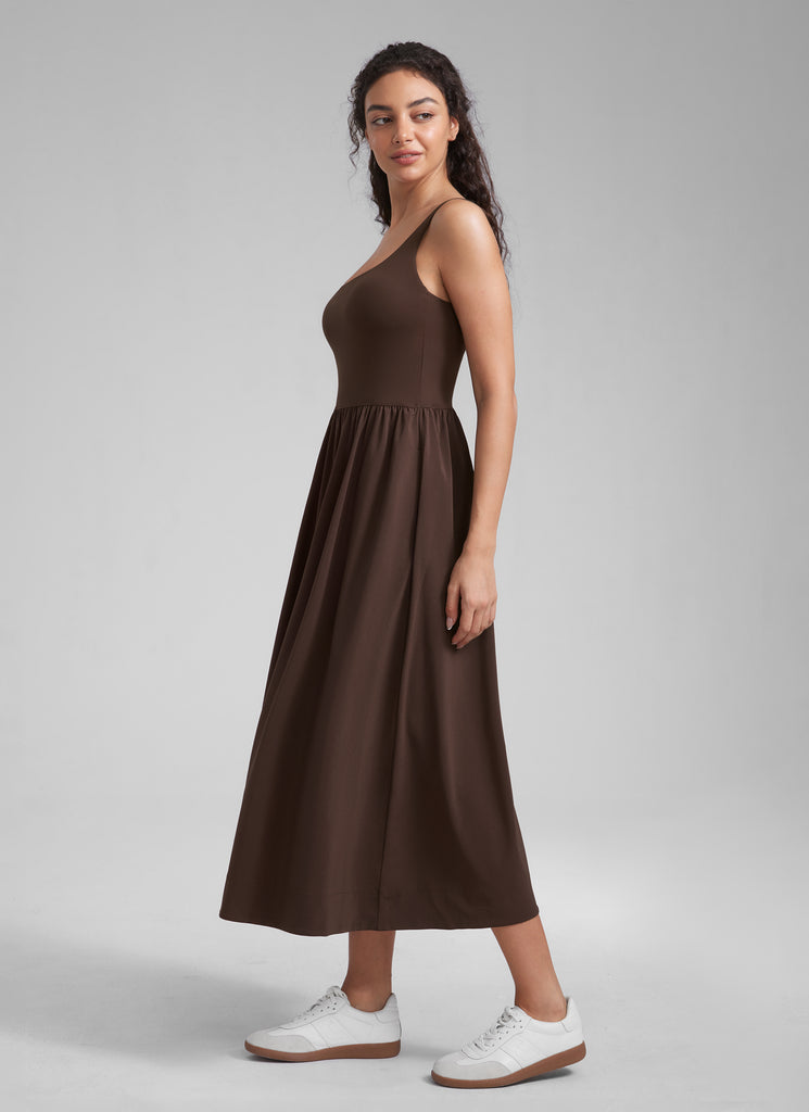 CRZ YOGA Women's Square Neck Pocket Sleeveless Maxi Padded Dress Hot Fudge Brown