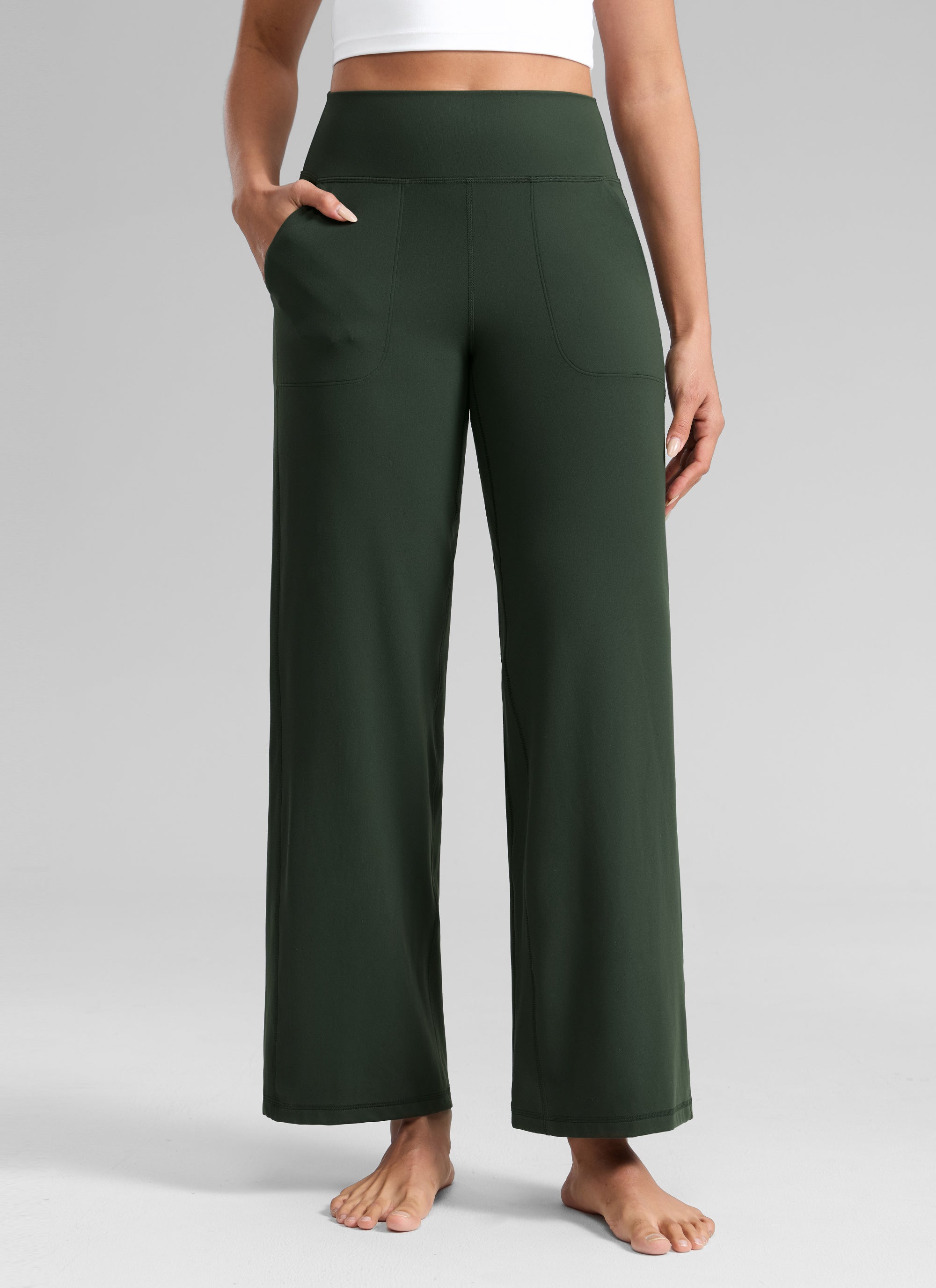 CRZ YOGA Women's Butterlift High Waisted Wide Leg Pants with Pockets Legend Green @model_info:Dany