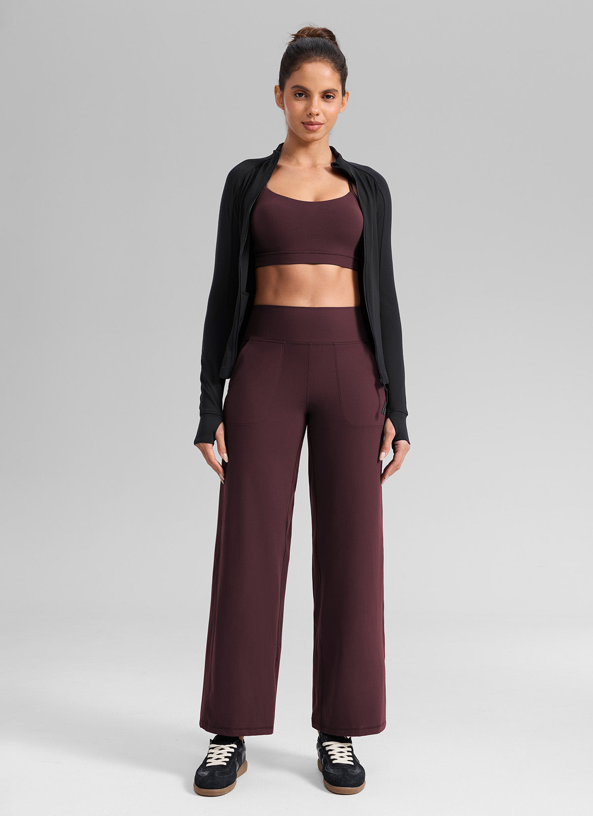 CRZ YOGA Women's Butterlift High Waisted Wide Leg Pants with Pockets Ripe Plum @model_info:Dany
