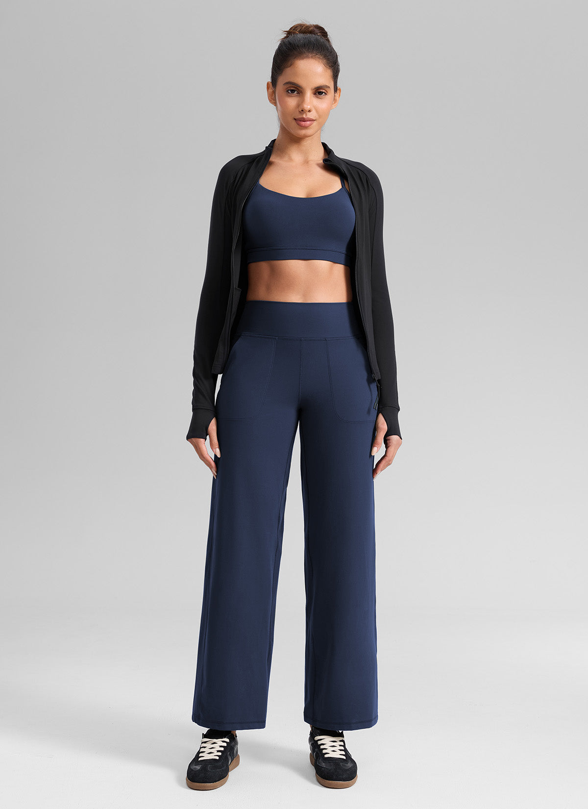 CRZ YOGA Women's Butterlift High Waisted Wide Leg Pants with Pockets Club Blue @model_info:Dany