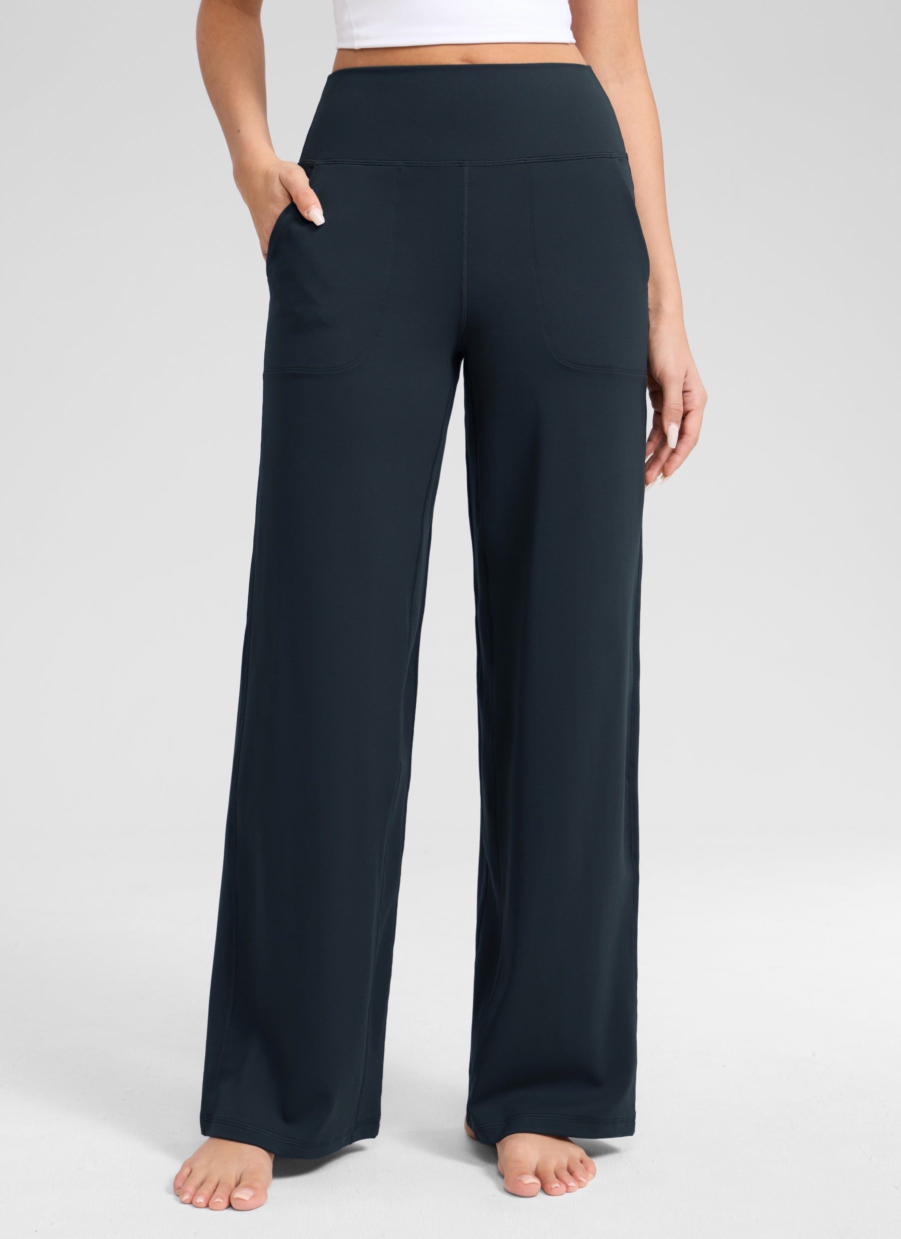 CRZ YOGA Women's Butterlift High Waisted Wide Leg Pants with Pockets True Navy @model_info:Anano