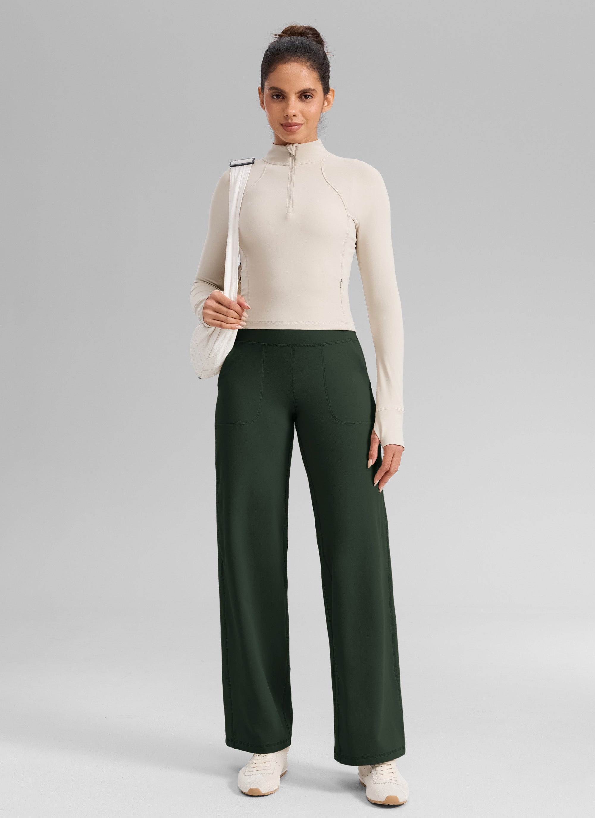 CRZ YOGA Women's Butterlift High Waisted Wide Leg Pants with Pockets Legend Green @model_info:Dany