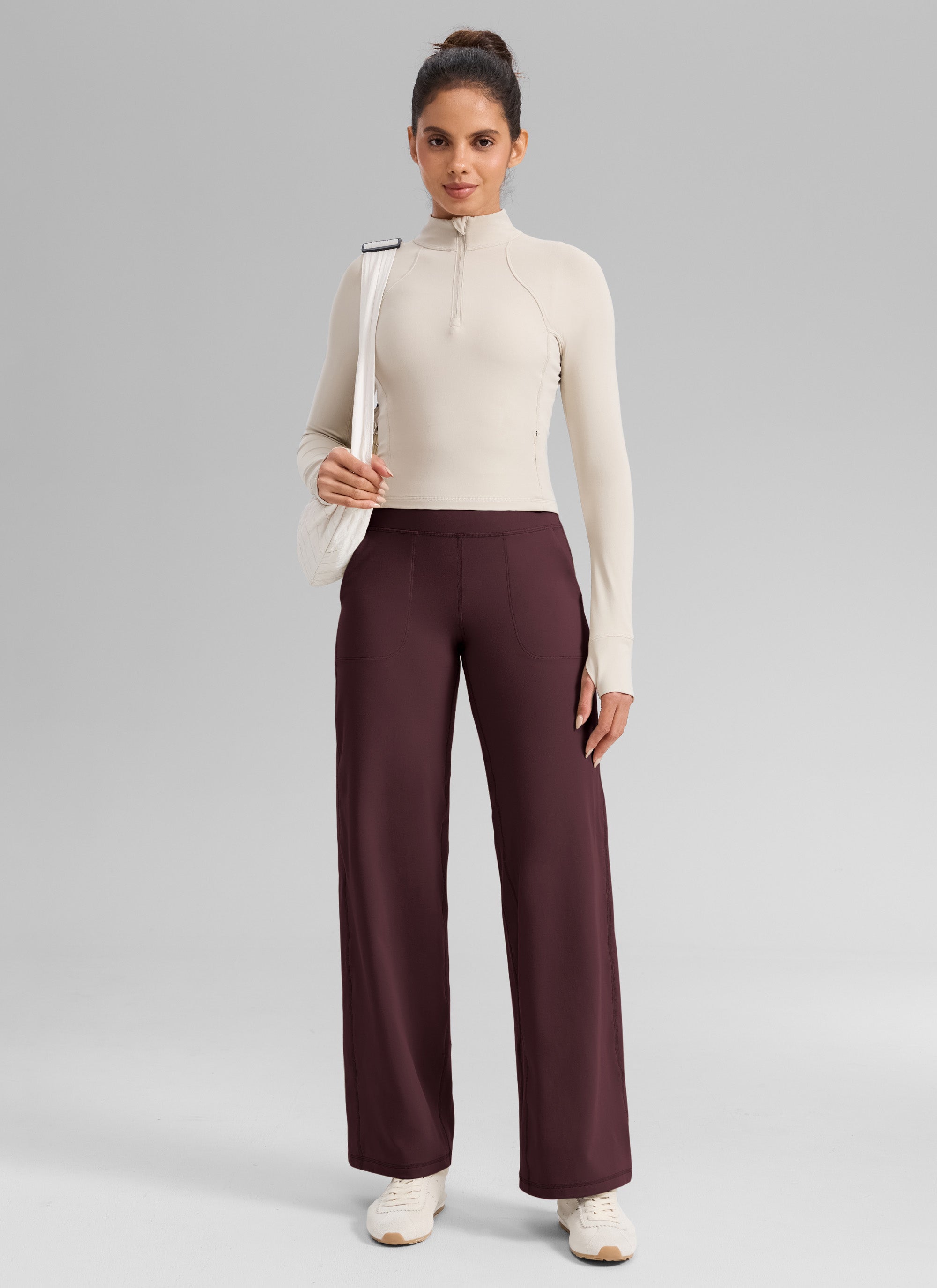 CRZ YOGA Women's Butterlift High Waisted Wide Leg Pants with Pockets Ripe Plum @model_info:Dany