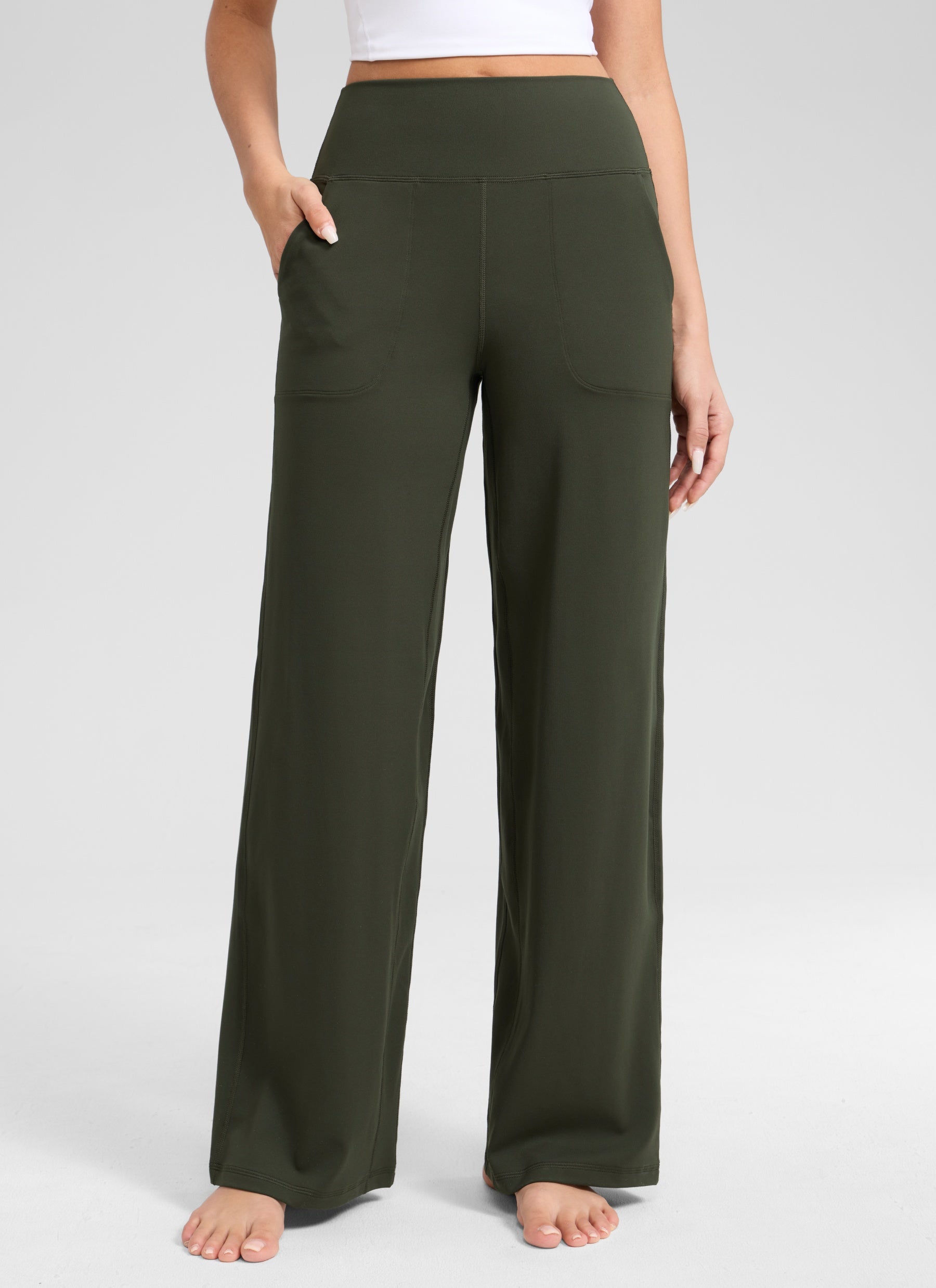 CRZ YOGA Women's Butterlift High Waisted Wide Leg Pants with Pockets Olive Green @model_info:Anano