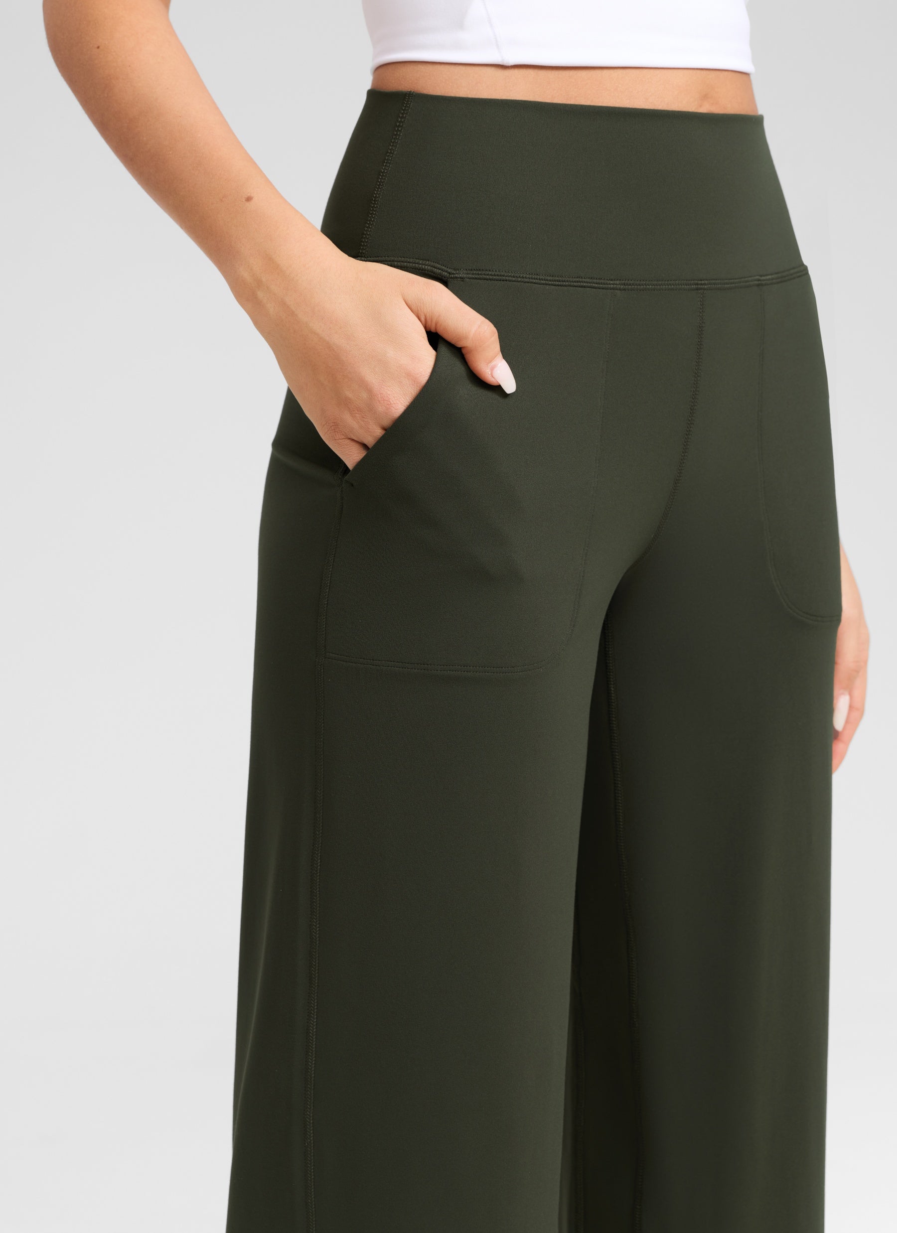 CRZ YOGA Women's Butterlift High Waisted Wide Leg Pants with Pockets Olive Green @model_info:Anano