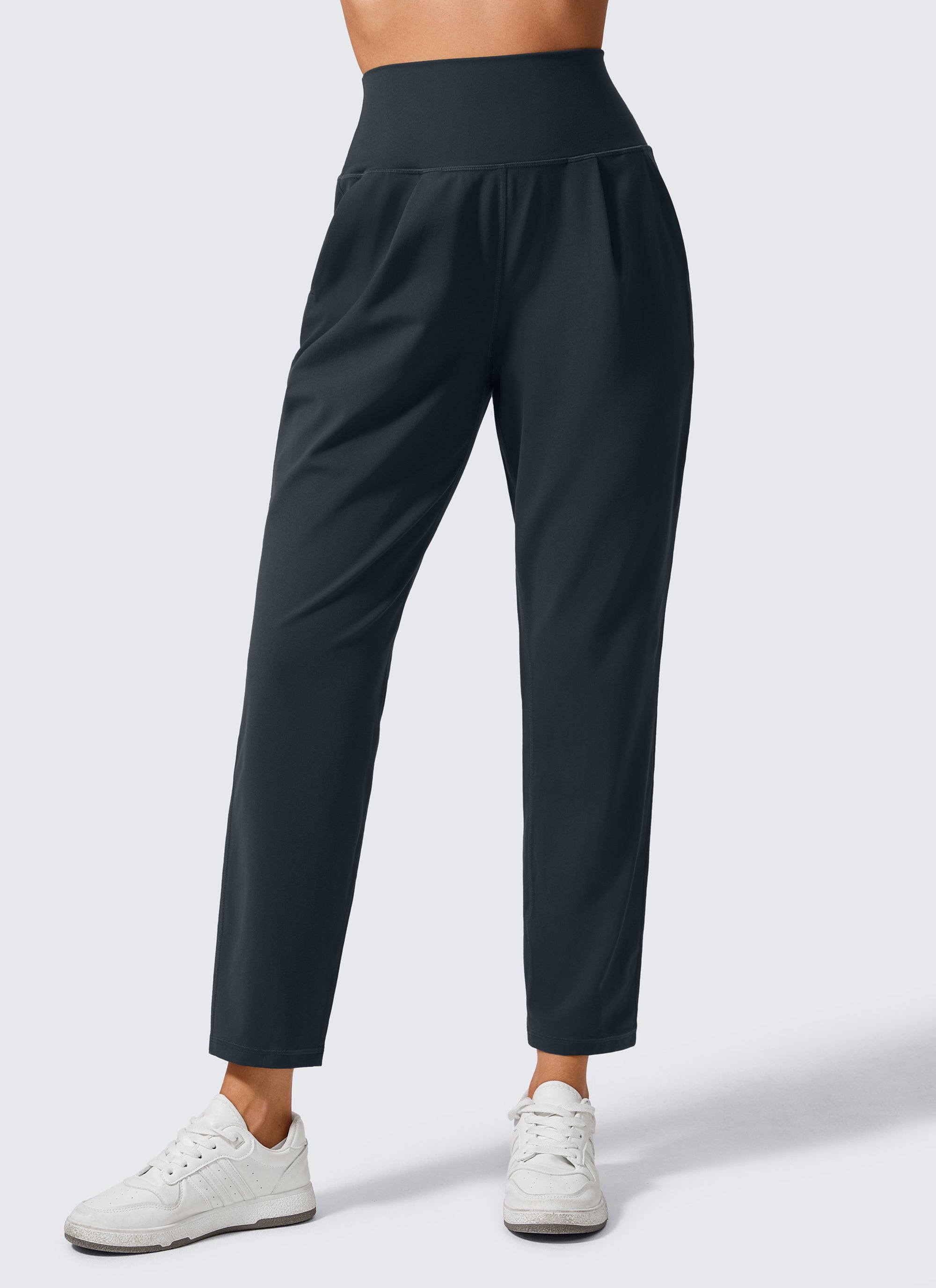 CRZ YOGA Butterlift Women's Casual High Rise Pleated Pants 27'' True Navy @model_info:Vlada