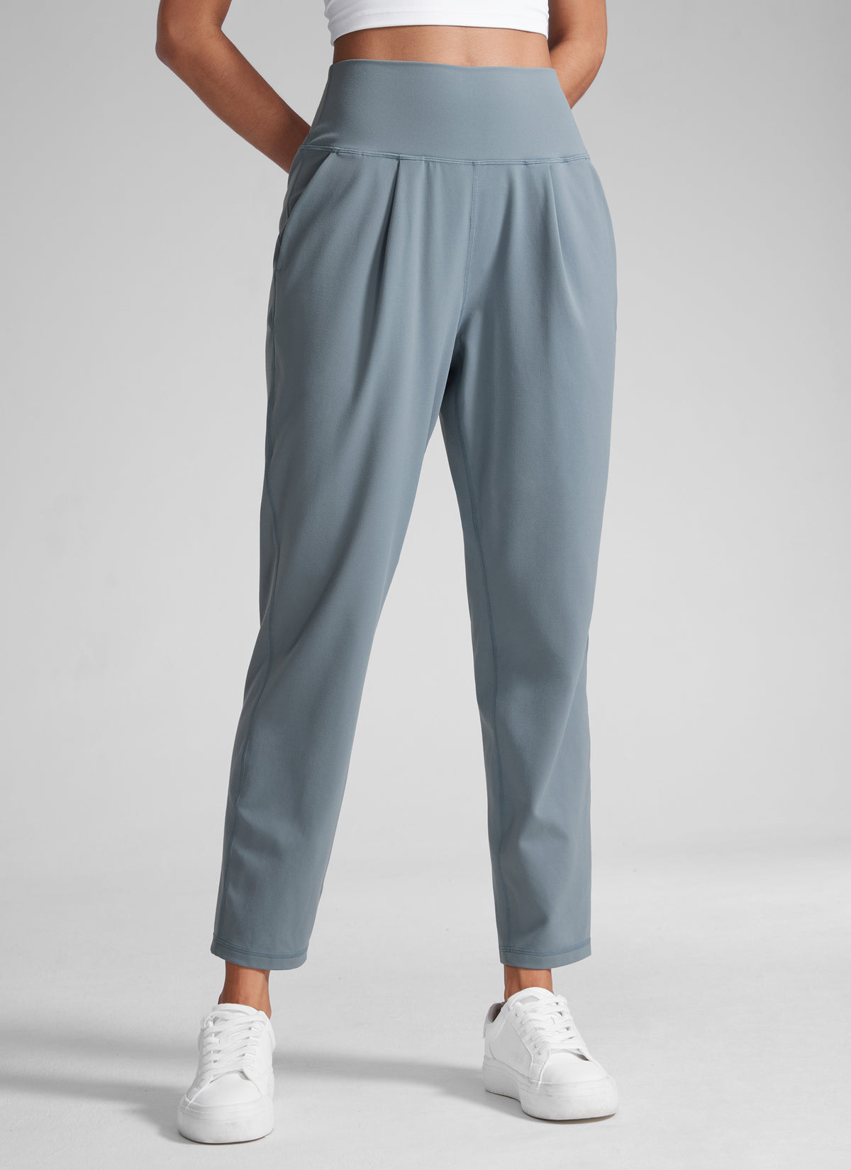 CRZ YOGA Butterlift Women's Casual High Rise Pleated Pants 27'' Belgian Blue @model_info:Paula