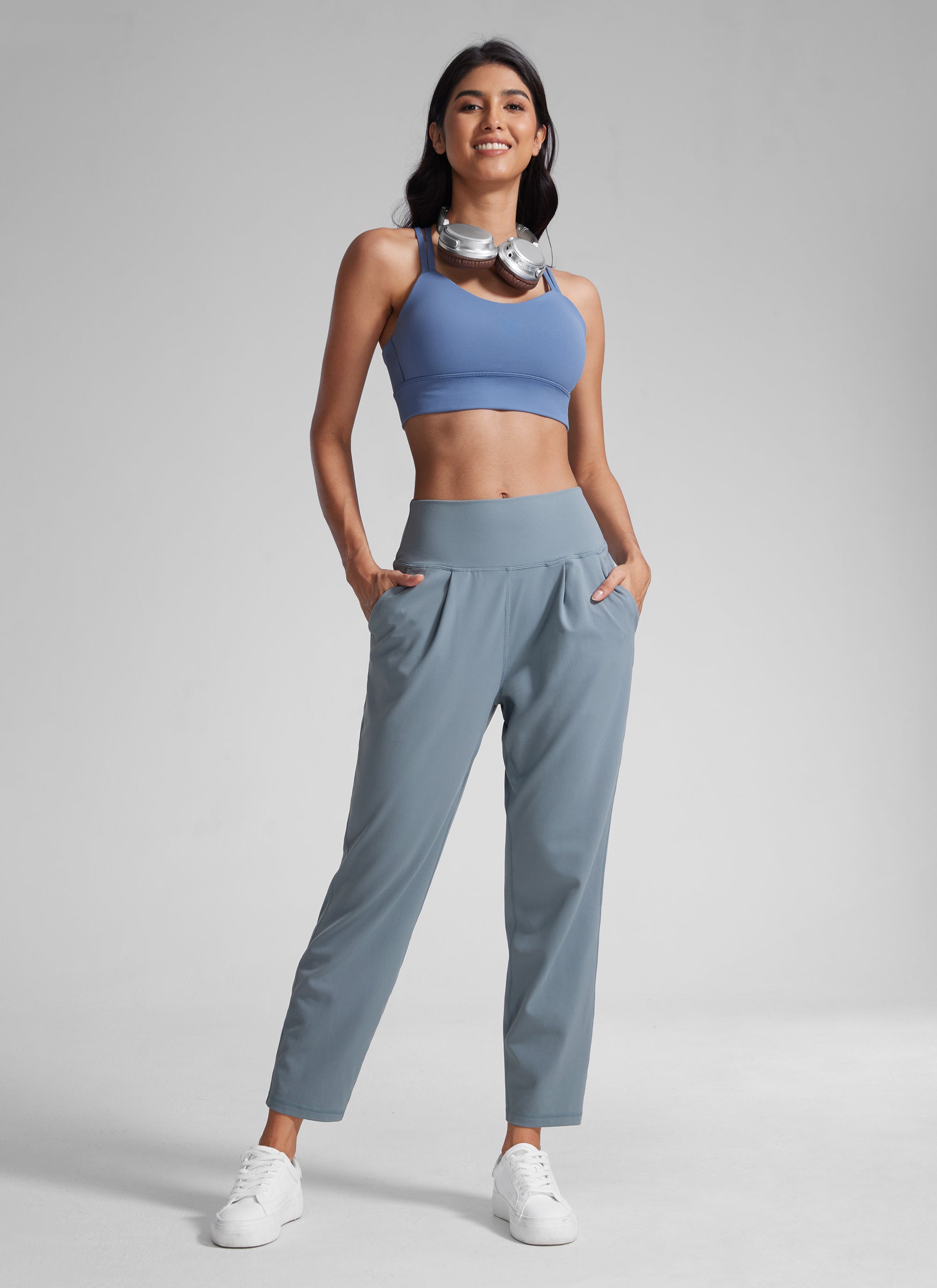 CRZ YOGA Butterlift Women's Casual High Rise Pleated Pants 27'' Belgian Blue @model_info:Paula
