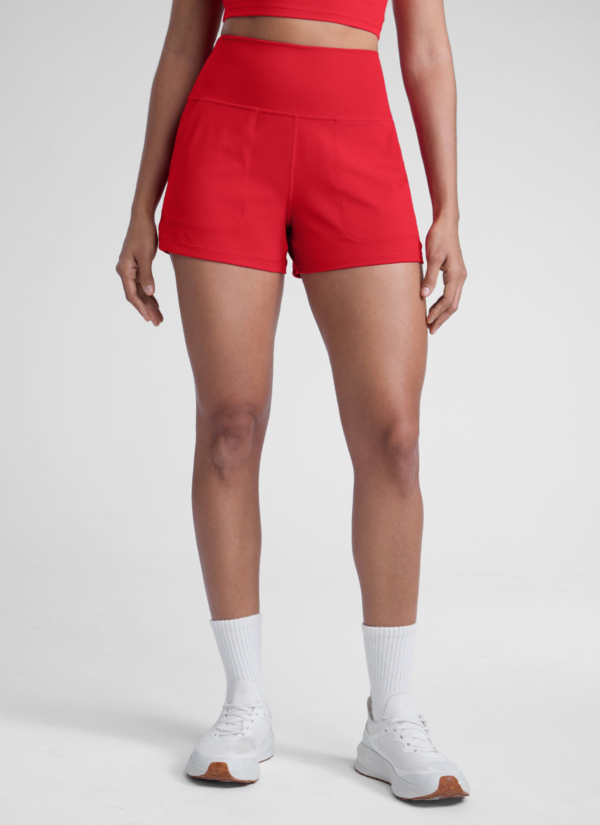 CRZ YOGA Women Butterlift High Waisted Shorts with Pockets Linerless Aurora Red @model_info:Dany