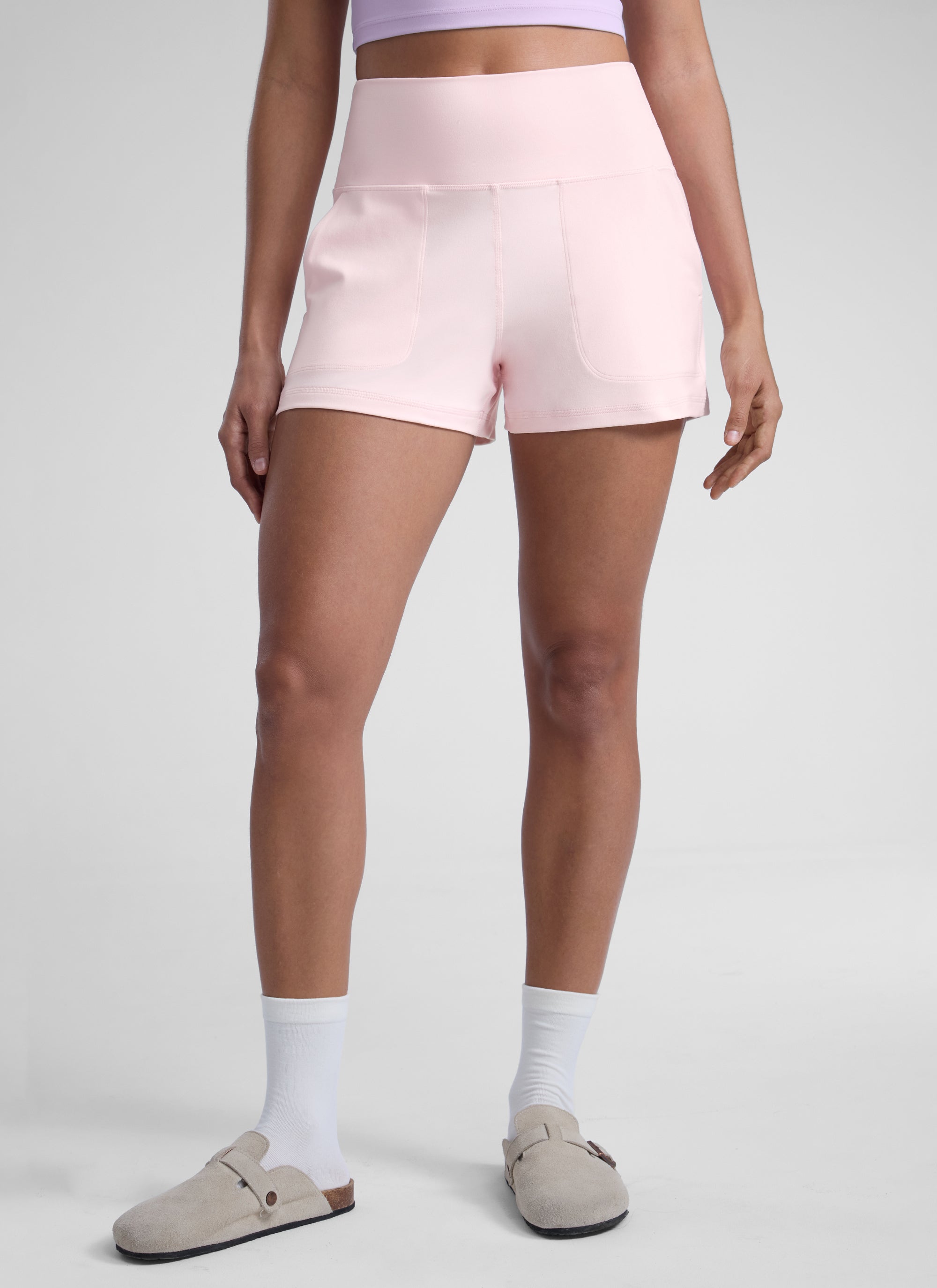 CRZ YOGA Women Butterlift High Waisted Shorts with Pockets Linerless Strawberry Pink @model_info:Dany