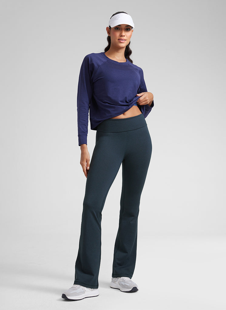 CRZ YOGA Womens Cloud Jersey Foldover Waist Bootcut Flare Pants 31" True Navy