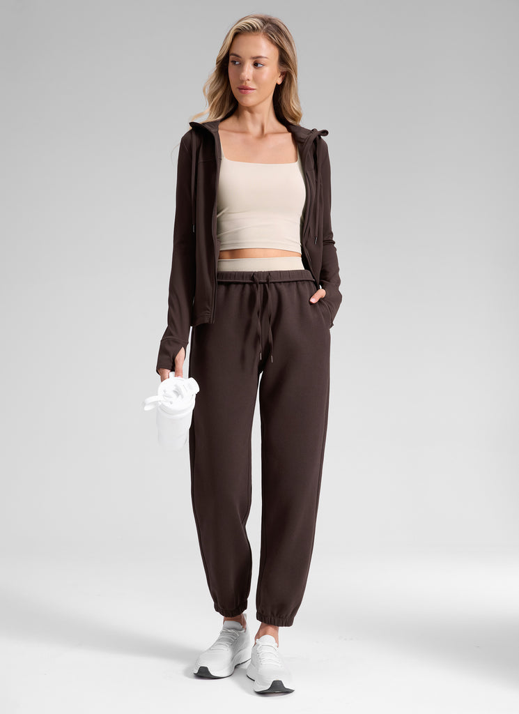 CRZ YOGA Women's Fleece Lined High Rise Drastring Pocket Sweatpants Hot Fudge Brown