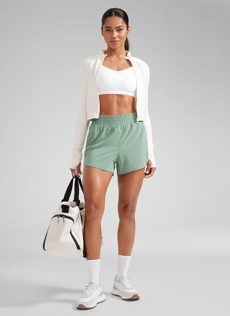 CRZ YOGA Women's Running High Waisted Mesh Lined Shorts 3'' Green Palm Court