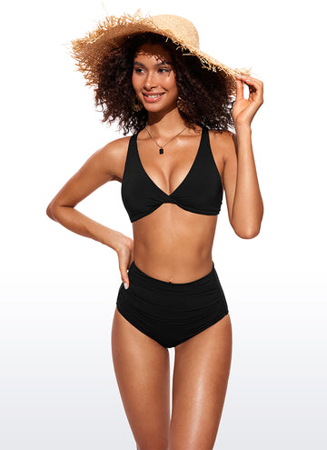 CRZ YOGA Women's Swimwear Tops Sunshine Bikini Top V Neck Criss Cross Black