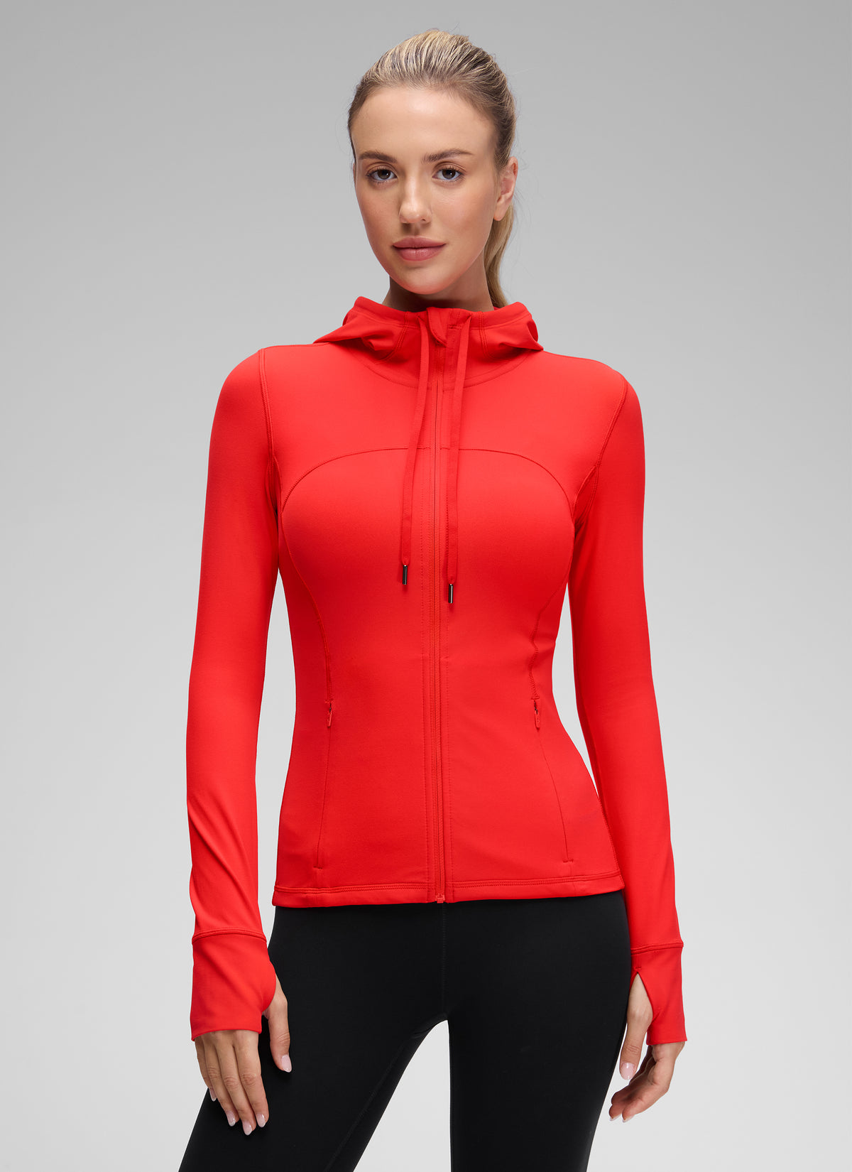 CRZ YOGA Women's Butterluxe Slim Fit Pocket Outerwear Full Zip Hoodies Dark Red @model_info:Anna