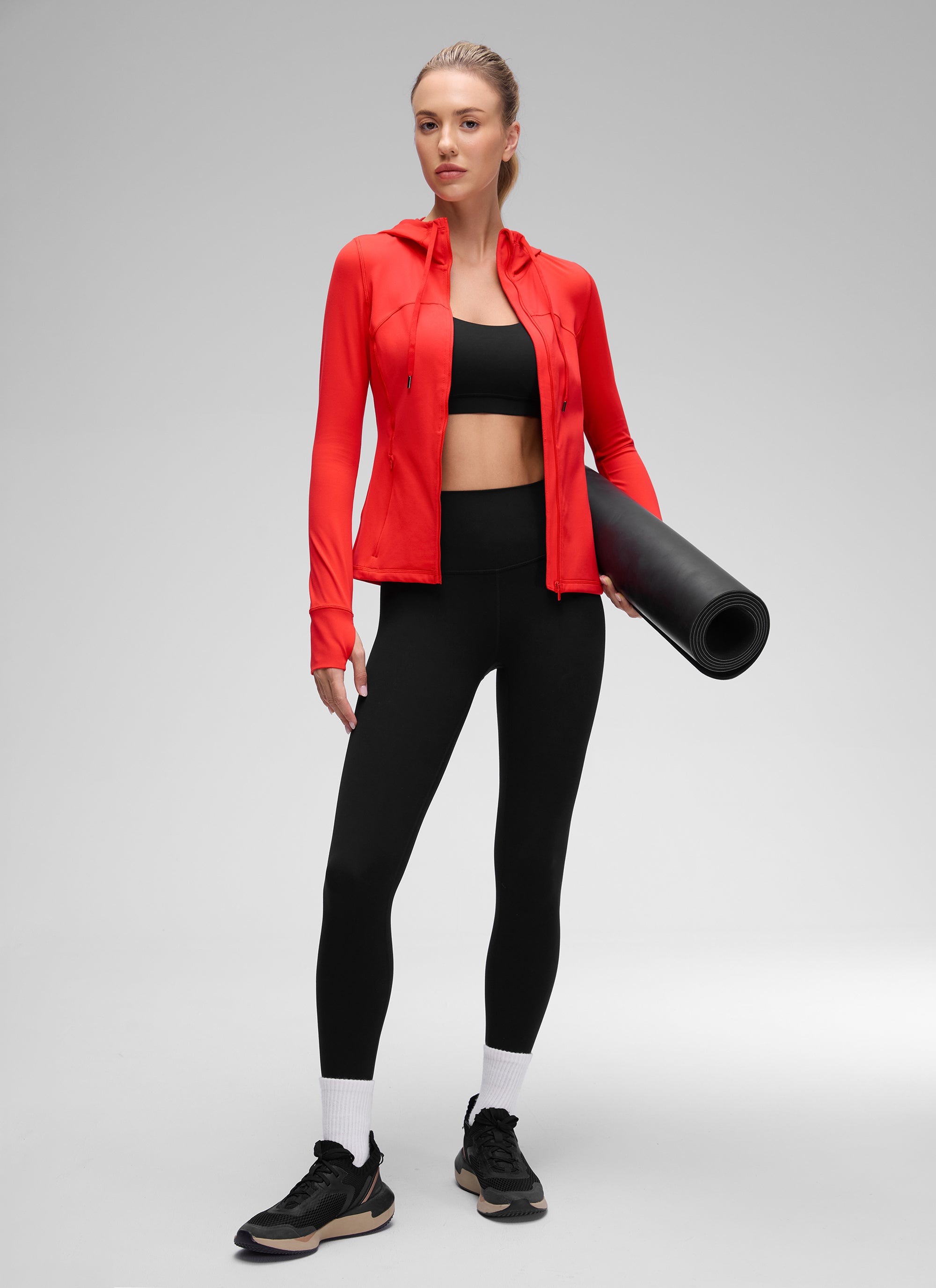CRZ YOGA Women's Butterluxe Slim Fit Pocket Outerwear Full Zip Hoodies Dark Red @model_info:Anna