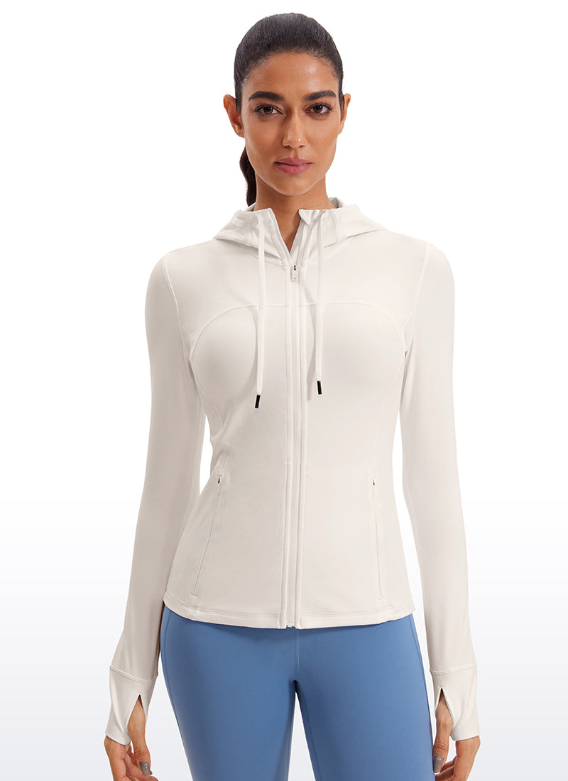 CRZ YOGA Women's Butterluxe Slim Fit Pocket Outerwear Full Zip Hoodies White Apricot @model_info:Mariana
