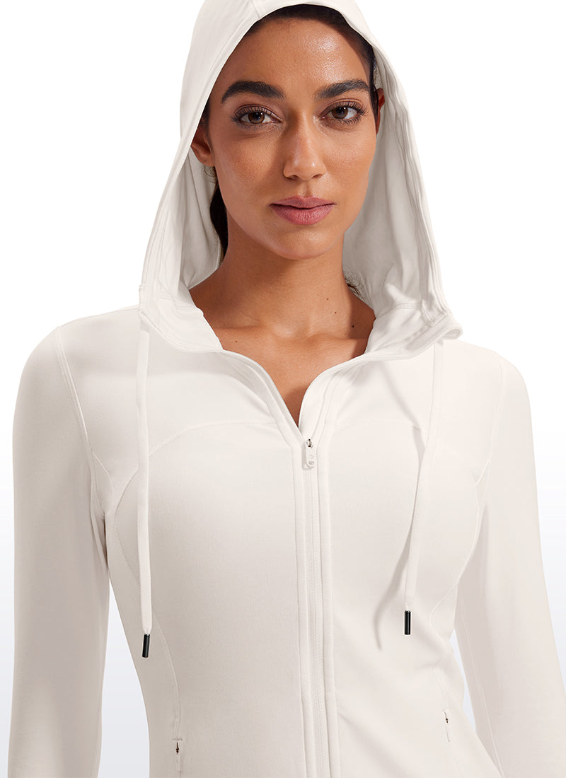 CRZ YOGA Women's Butterluxe Slim Fit Pocket Outerwear Full Zip Hoodies White Apricot @model_info:Mariana