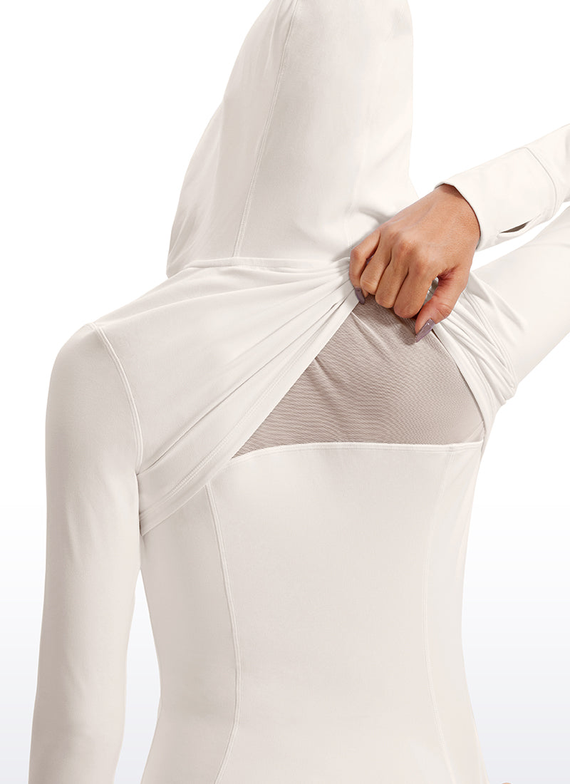 CRZ YOGA Women's Butterluxe Slim Fit Pocket Outerwear Full Zip Hoodies White Apricot