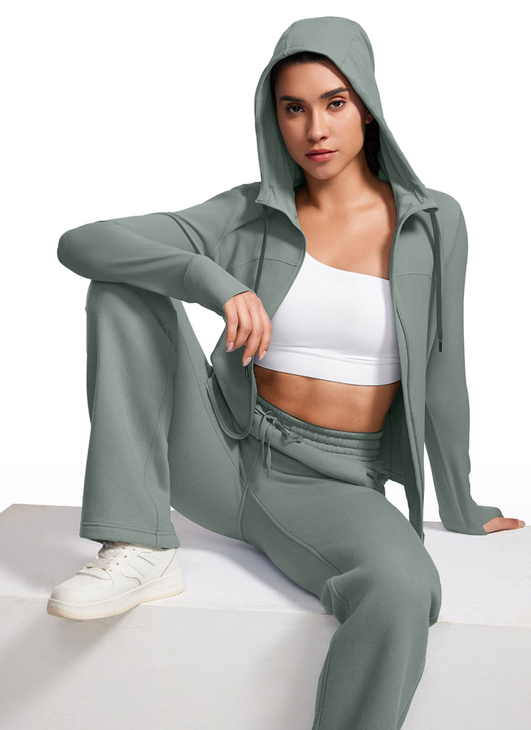 CRZ YOGA Women's Butterluxe Slim Fit Pocket Outerwear Full Zip Hoodies Grey Sage