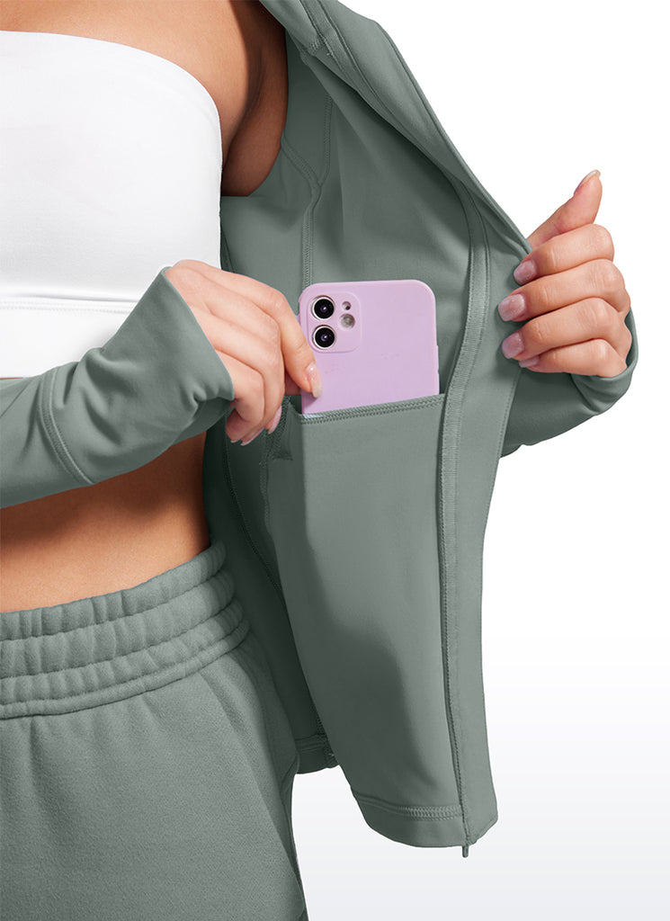 CRZ YOGA Women's Butterluxe Slim Fit Pocket Outerwear Full Zip Hoodies Grey Sage