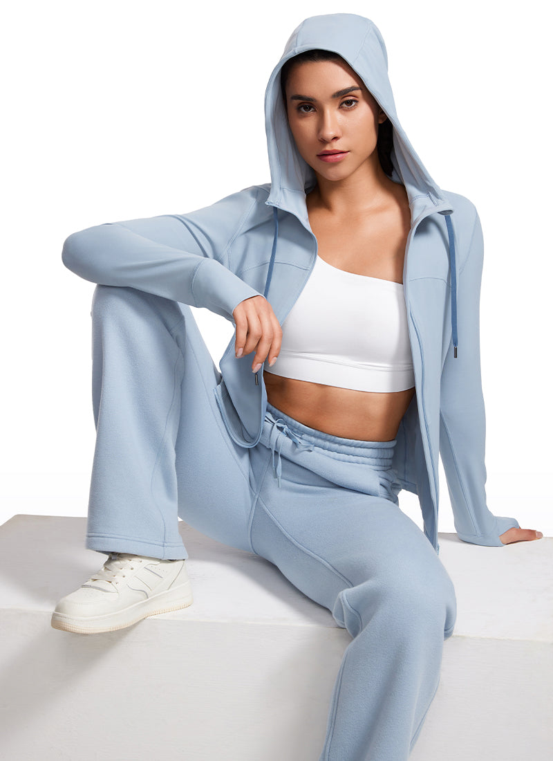 CRZ YOGA Women's Butterluxe Slim Fit Pocket Outerwear Full Zip Hoodies Cambric Blue @model_info:gabri