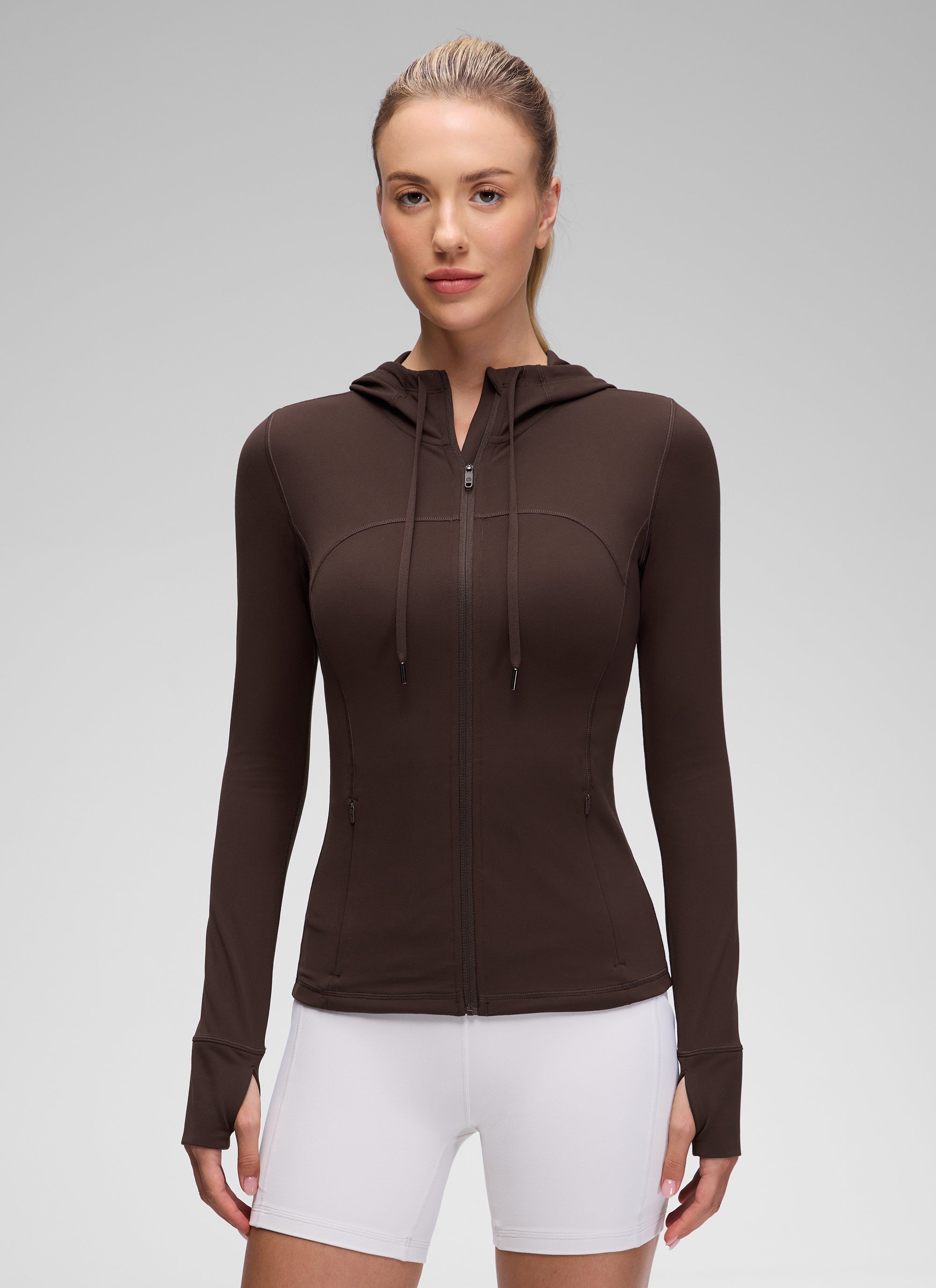 CRZ YOGA Women's Butterluxe Slim Fit Pocket Outerwear Full Zip Hoodies Hot Fudge Brown @model_info:Anna