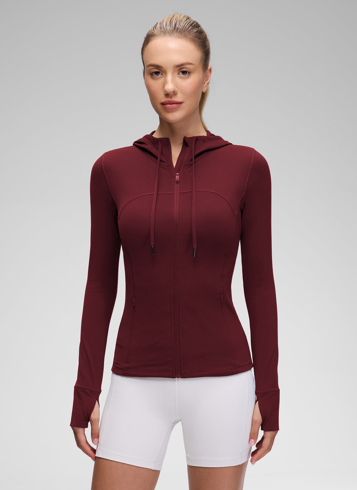 CRZ YOGA Women's Butterluxe Slim Fit Pocket Outerwear Full Zip Hoodies Red Merlot @model_info:Anna