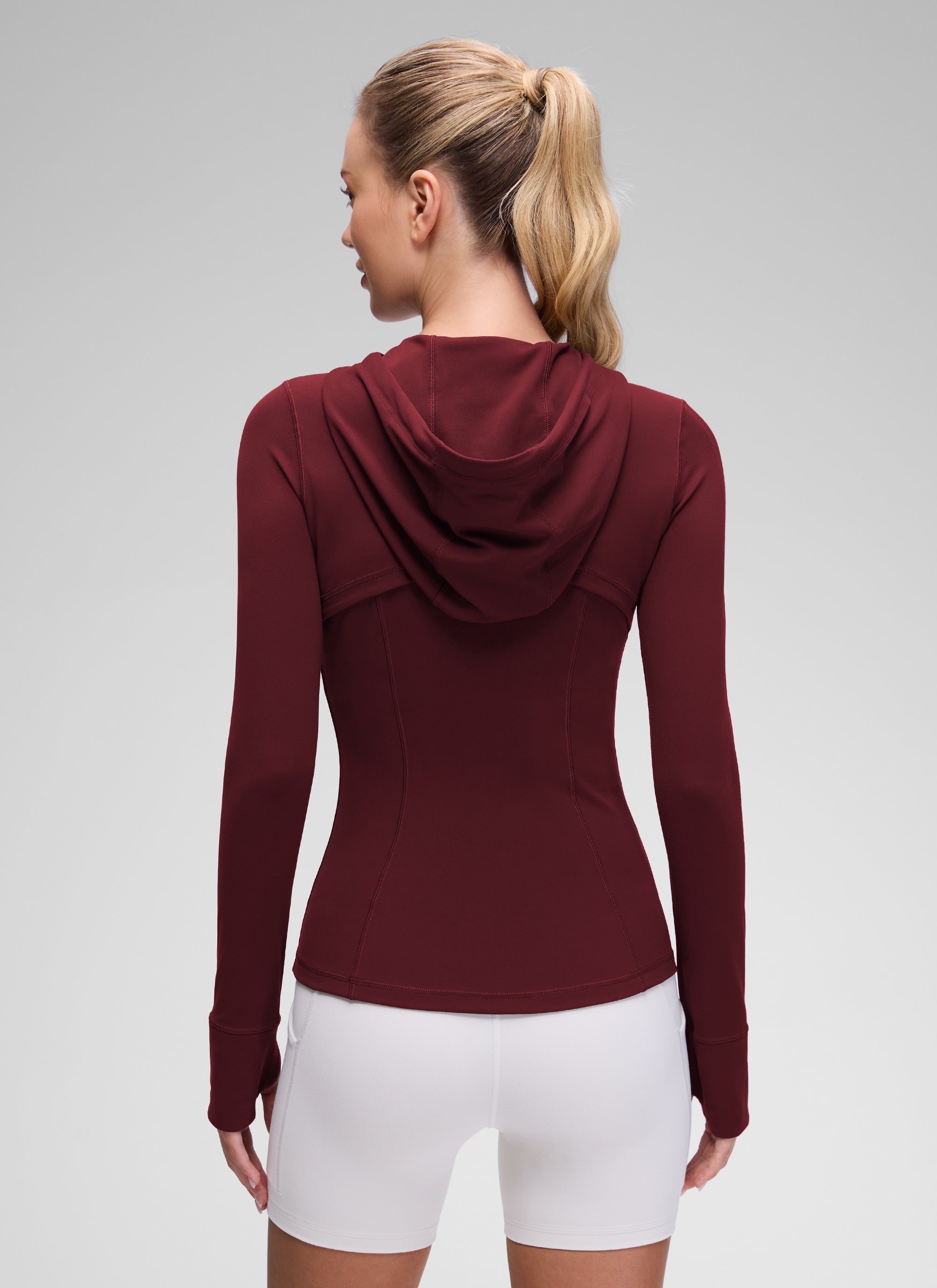 CRZ YOGA Women's Butterluxe Slim Fit Pocket Outerwear Full Zip Hoodies Red Merlot @model_info:Anna
