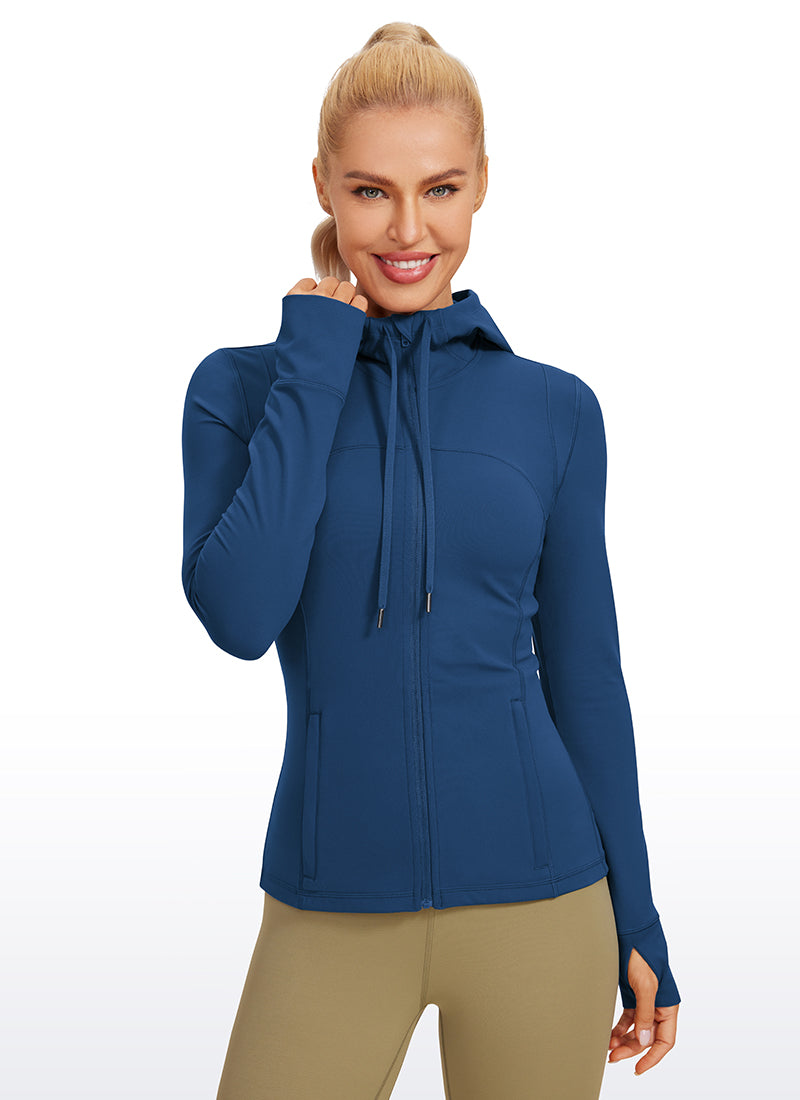 CRZ YOGA Women's Butterluxe Slim Fit Pocket Outerwear Full Zip Hoodies French Navy @model_info:natali